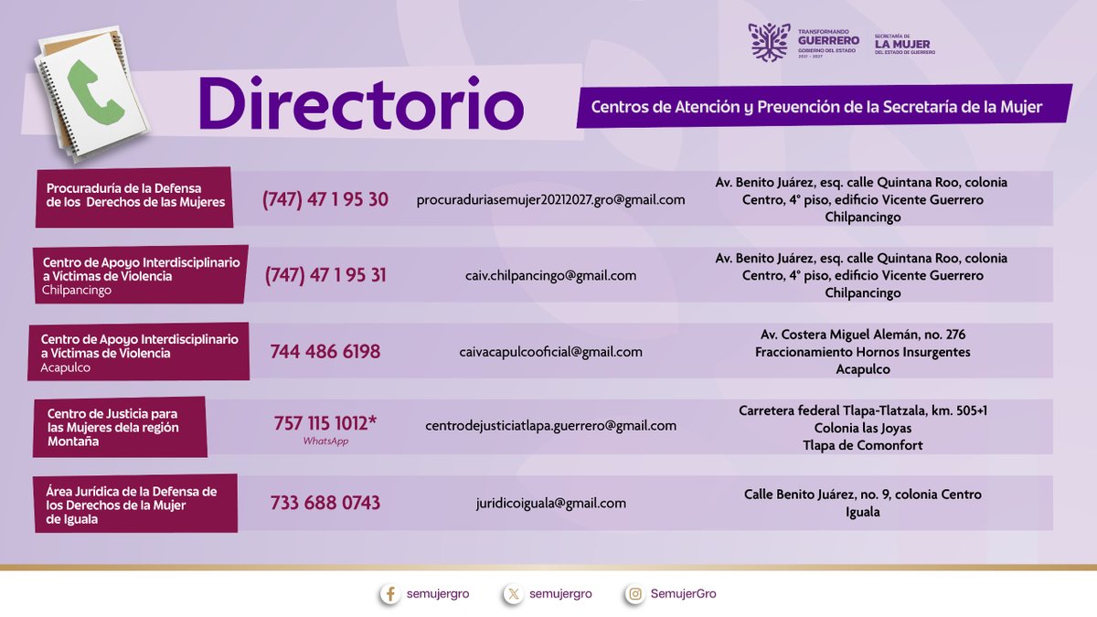 📢☎️#LaSemujerMásCercaDeTi | Consulta el directorio de nuestros Centros de Atención y Prevención de Violencia contra las Mujeres.

📍 Encuentra tu Centro más cercano o comunícate para más información.

Recuerda que ¡NO estás sola!¡Estamos para ayudarte!🫂 #GuerreroActúa 🧡💜🐯