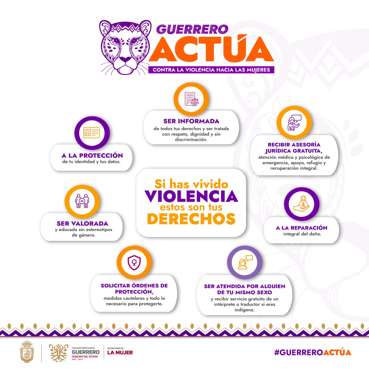 🟠🟣 | La #SEMUJER, brinda orientación, asesoría y canaliza a las dependencias correspondientes a las mujeres que hayan vivido violencia, para recibir la atención adecuada.

Conoce tus derechos, pide ayuda y denuncia. #GuerreroActúa