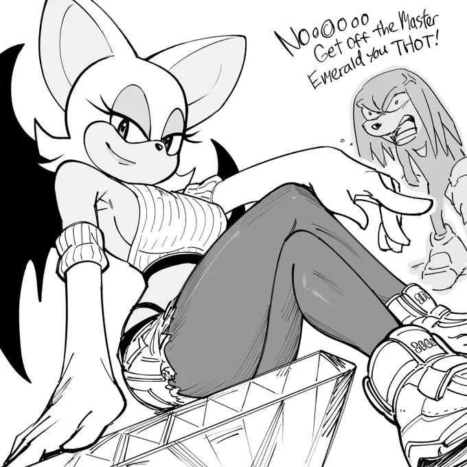 Patreon request: Rouge the Bat sitting on the Master Emerald while trolling Knuckles.
I don't think I've drawn Sonic content before.
BTW try the game searching "[your name] the hedgehog", except use Baal. 
You will observe Edge Kino. 