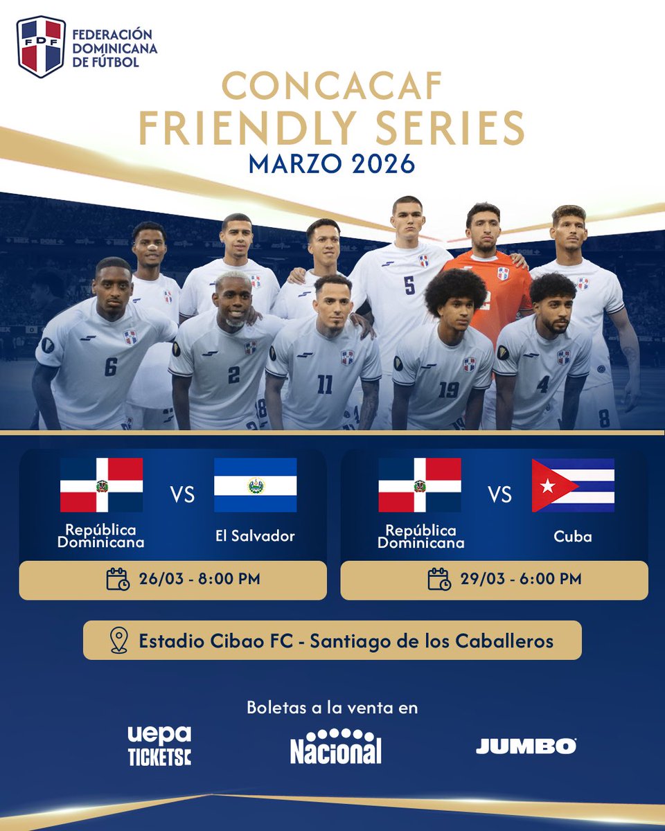 ¡Nos reencontramos con nuestra <a href="/sedofutbol/">Selección Dominicana de Futbol</a>!

Adquiere tus boletas en uepatickets.com/tickets/princi… o en las tiendas de <a href="/SuperNacional/">Supermercados Nacional</a> y <a href="/JumboRD/">Jumbo, ¡Lo Máximo!</a> 

No te quedes sin ver a las estrellas de nuestra Selección Dominicana.

#FederacionDominicanaDeFutbol #FDF