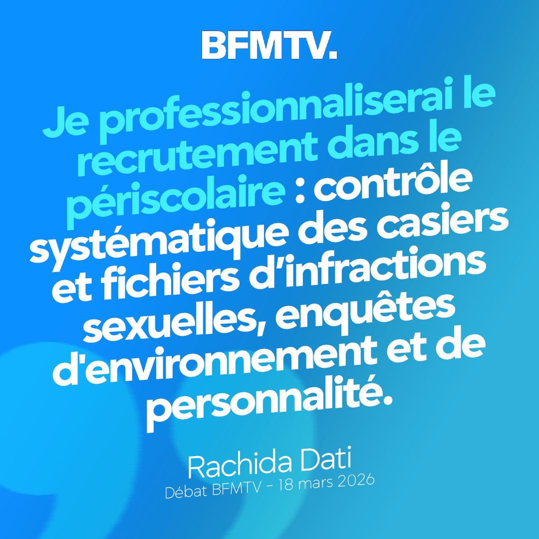 Avec <a href="/datirachida/">Rachida Dati ن</a>, nous mettrons à l’abri nos enfants, là où <a href="/egregoire/">Emmanuel Grégoire</a> et ses colistiers ont eu des années pour agir et n’ont rien fait !

Sur le périscolaire, nous avons un vrai projet.

La majorité Hidalgo-Grégoire, elle, a un bilan : plus de 200 animateurs suspendus, dont 75