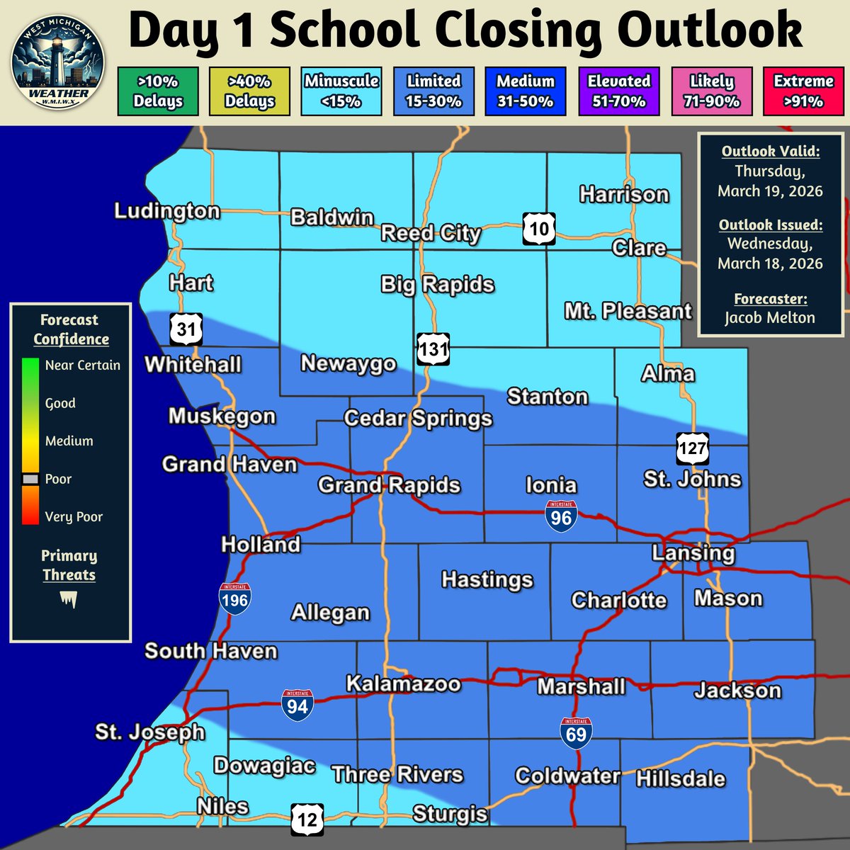 Day 1 School Closing Outlook
WestMichiganWeather.net/closings
Forecast Valid: Thursday, March 19, 2026
Forecast Issued: Wednesday, March 18, 2026, 4:30 PM
Forecasters: Jacob Melton

Summary:
Isolated school closures or delays are possible across parts of the area on Thursday morning due
