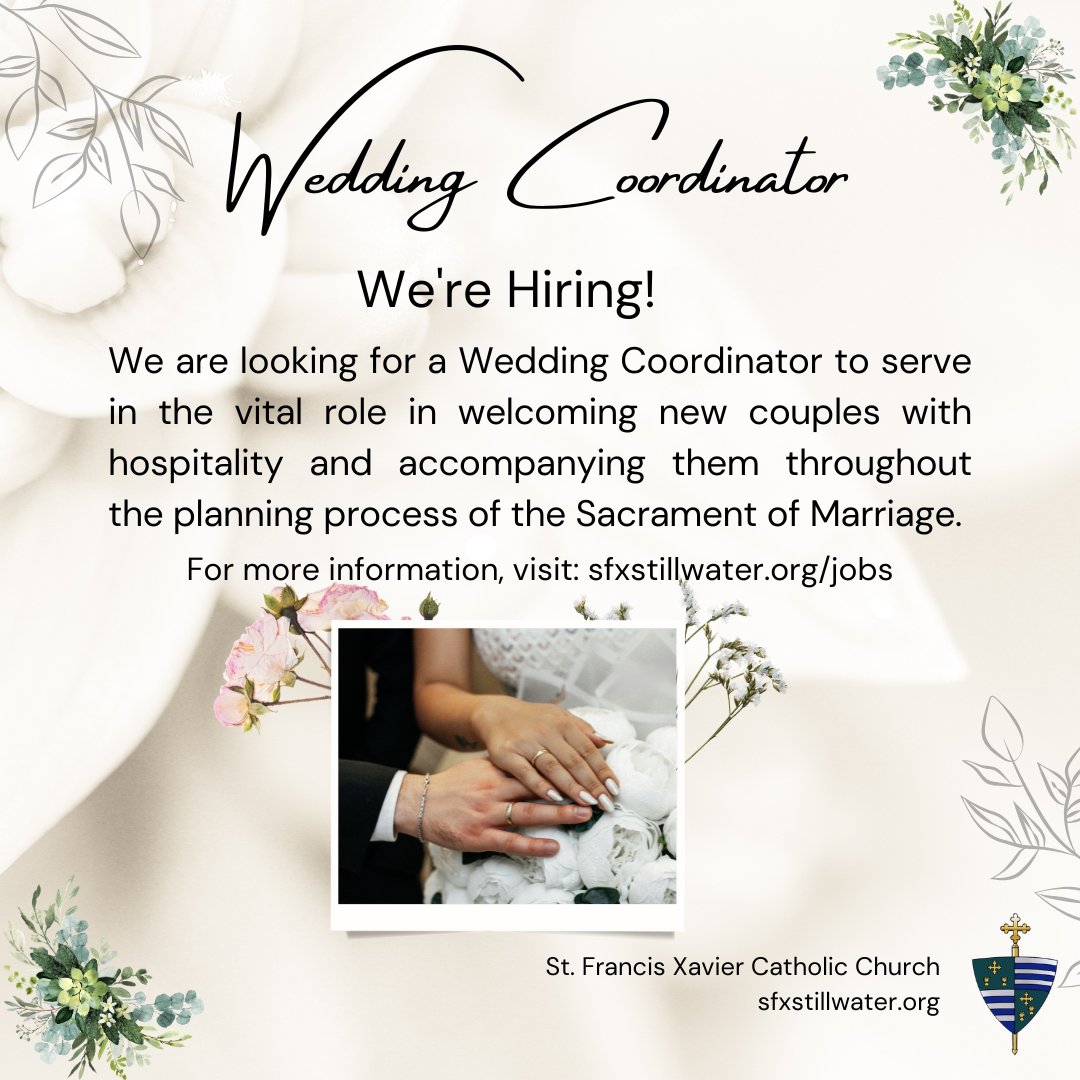 Help couples begin their marriage rooted in faith. 💍 St. Francis Xavier is seeking a Wedding Coordinator to welcome, support, and walk with engaged couples throughout their preparation for the Sacrament of Marriage.

Learn more here: sfxstillwater.org/jobs