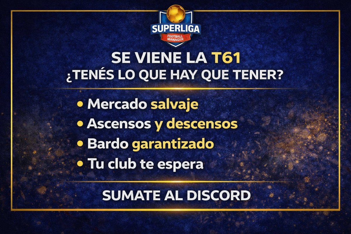 SuperligaFm's tweet photo. La T61 de #SuperligaFM está a punto de arrancar.
Mercado cerrado, equipos listos y una nueva temporada por jugarse.
Si queres formar parte de una liga activa y competitiva donde estafas o te estan, este es el momento para entrar: https://t.co/pE8z3caSVN    #FootballManager https://t.co/7MrE7KrMZ1