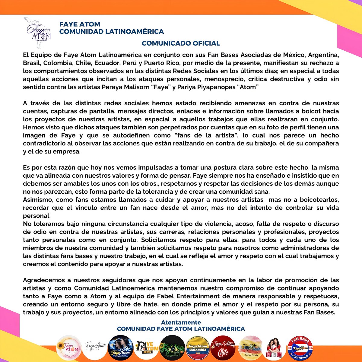 ‼️Este comunicado refleja una postura firme como comunidad y como Fan bases‼️

Rechazamos de manera contundente los ataques, el acoso y la desinformación dirigidos hacia Faye Peraya y Atom Pariya. Lo que está ocurriendo no refleja los valores que defendemos.

Hemos visto cómo