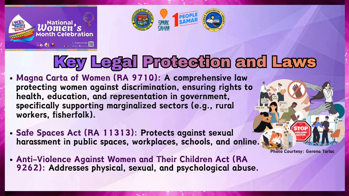 SamarLibrary's tweet photo. These laws collectively protect women from: violence and abuse, sexual harassment, discrimination, human trafficking and gender-based harassment.

#SamarProvincialLibrarySPL
#ReadLearnCreate
#SerbisyoItAmonProdukto
#OnePeopleOneSamar 
#NationalWomen'sMonth https://t.co/cVj08SE3ai