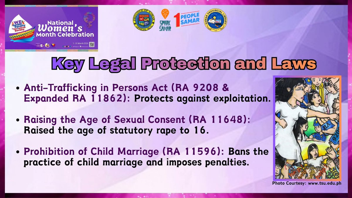 SamarLibrary's tweet photo. These laws collectively protect women from: violence and abuse, sexual harassment, discrimination, human trafficking and gender-based harassment.

#SamarProvincialLibrarySPL
#ReadLearnCreate
#SerbisyoItAmonProdukto
#OnePeopleOneSamar 
#NationalWomen'sMonth https://t.co/cVj08SE3ai