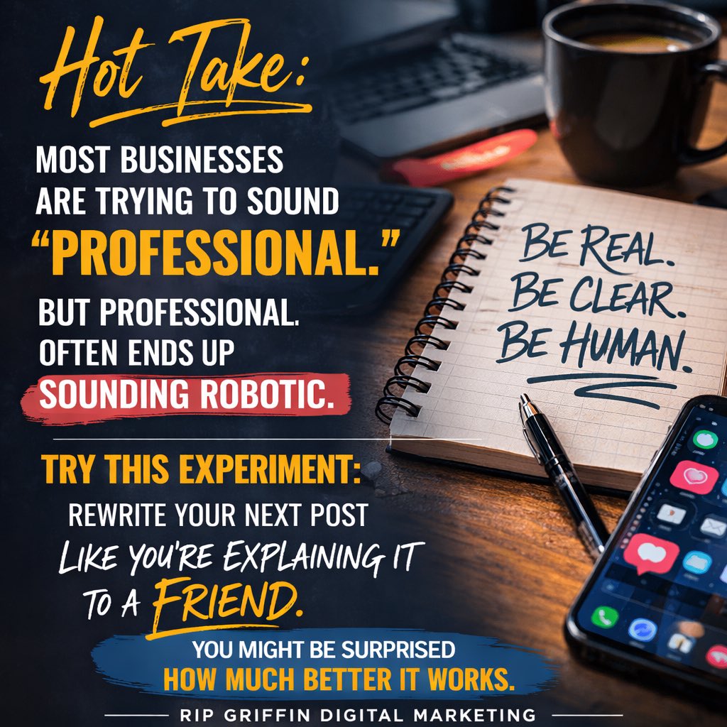 🔥 Wednesday – Midweek Take

Hot take:

Most businesses are trying to sound “professional.”

But professional often ends up sounding robotic.

People connect with people — not corporate language.

Try this experiment:

Rewrite your next post like you’re explaining it to a friend.