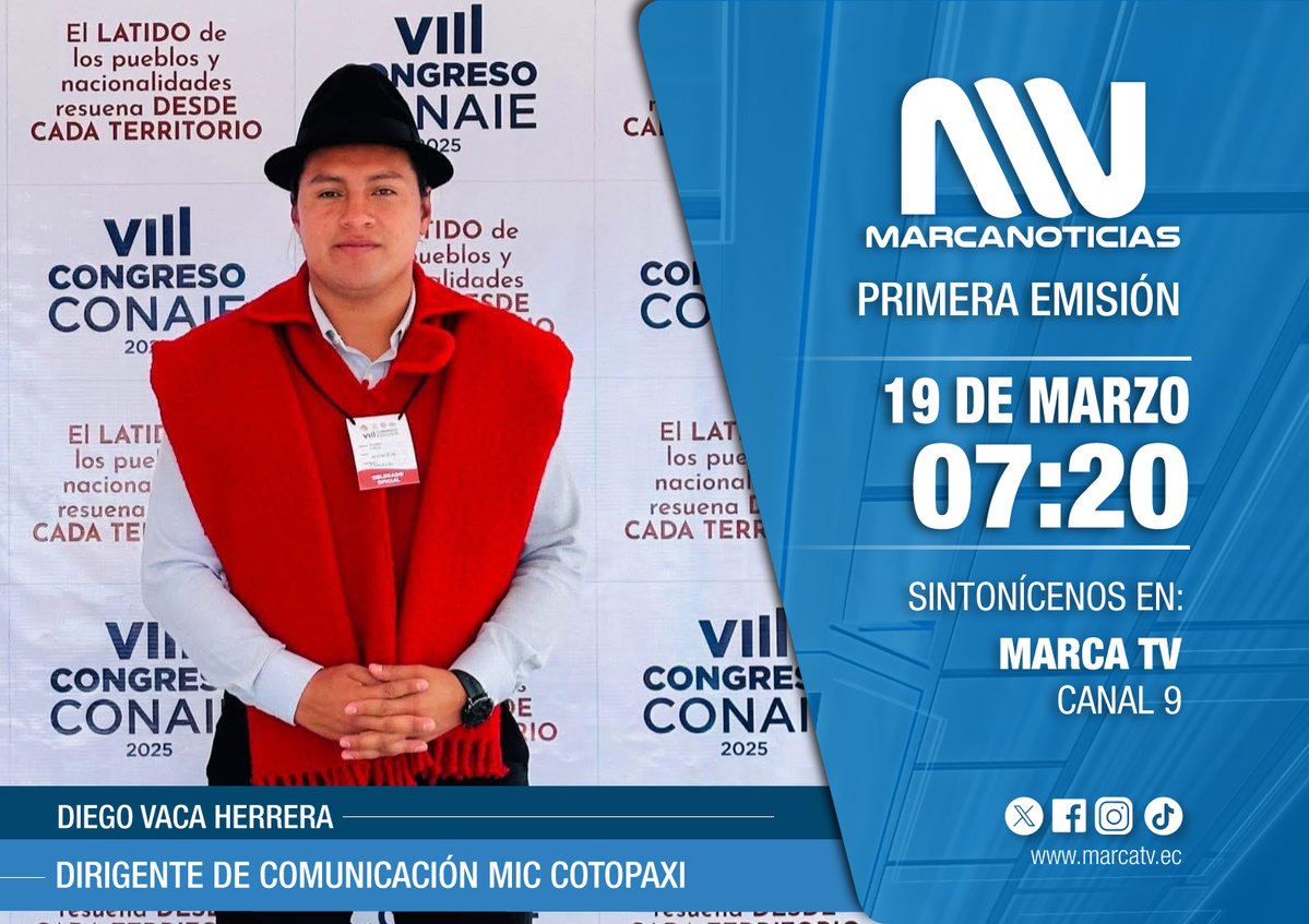 #MarcaNoticias ¡Siempre será importante amanecer con #BuenasNoticias, este jueves 19/03/2026 nos acompañará #DiegoVacaHerrera Dirigente de Comunicación del #MICC, no se pierda nuestras transmisiones lunes a viernes a las 07h00 por #MarcaTV en marcatv.ec