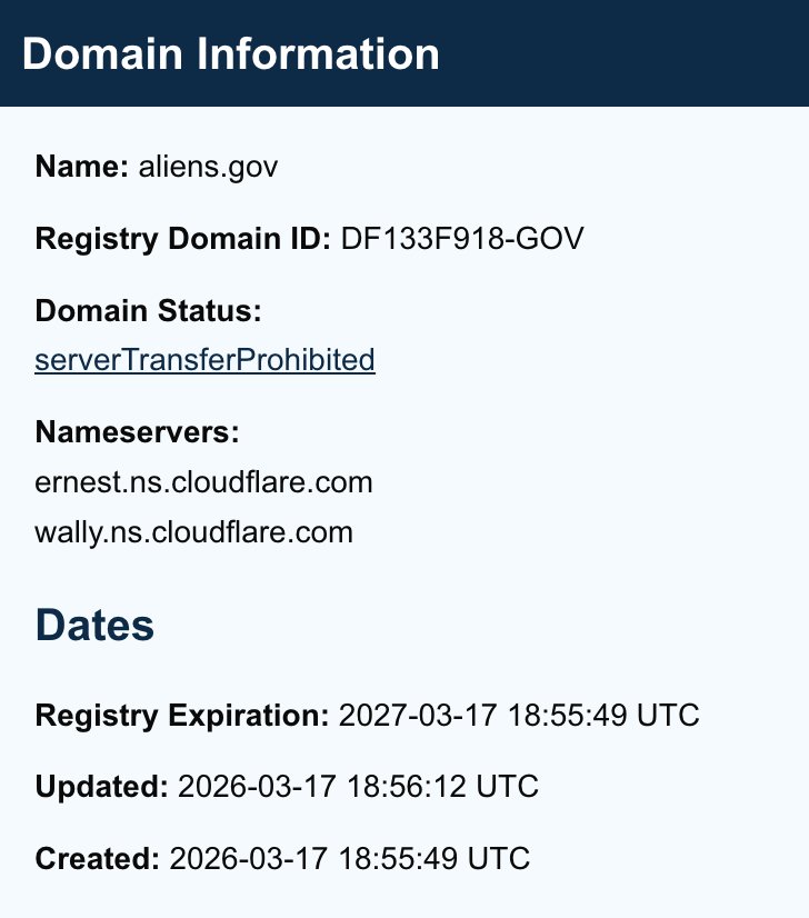 iamufohunter's tweet photo. 🚨 BREAKING : Something Huge is Coming.

The U.S. Government secretly registers the 'https://t.co/lAGdQLf85g' domain name. https://t.co/n91aN61E4W