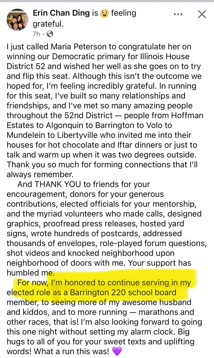 D220Insider's tweet photo. Maria Peterson @Mariafor52IL easily defeated Erin Chan Ding @erinchanding in the IL primary for State Rep 52, Erin took $50,000 from the teachers unions for her race.  

How can Erin continue on the @barrington220 BOE? She will need to recuse herself from anything involving the union or staff issues.