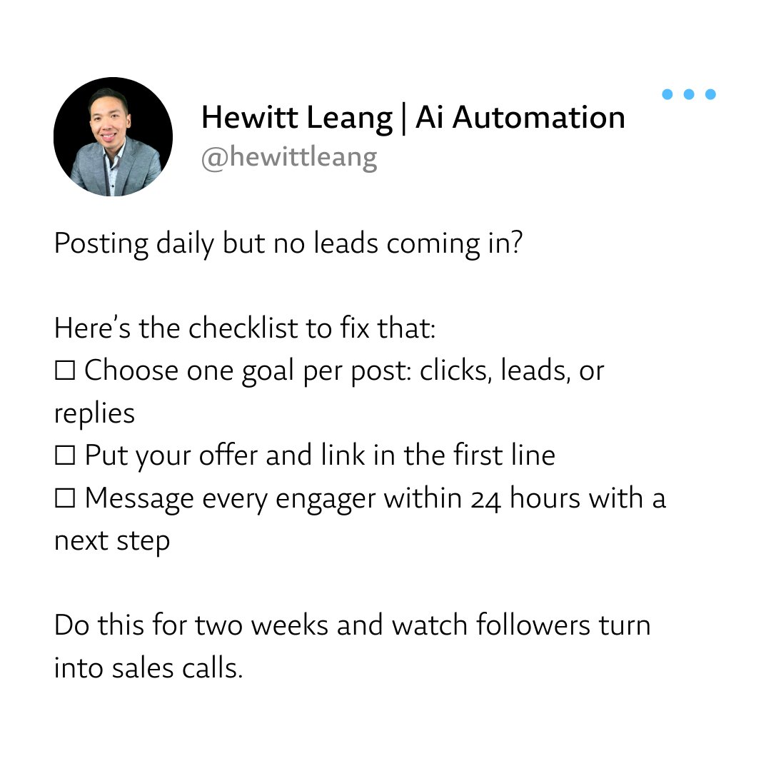 HewittLeang's tweet image. Are your posts not bringing in leads? Try this checklist for two weeks! #LeadGeneration #SocialMediaTips #BoostYourBusiness
