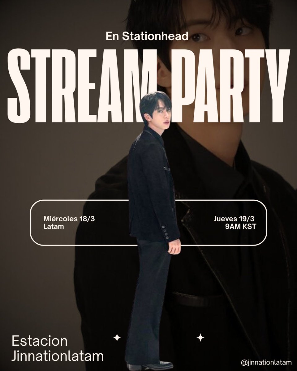 📢 STREAM PARTY EN STATIONHEAD 🎧💥
🗓 Hoy 
⏰ 09:00 am 🇰🇷
06:00 pm: 🇨🇷🇬🇹🇸🇻🇳🇮🇭🇳🇲🇽
07:00 pm: 🇨🇴🇵🇪🇪🇨🇵🇦
08:00 pm: 🇩🇴🇧🇴🇵🇷🇻🇪🇨🇺
09:00 pm: 🇦🇷🇺🇾🇧🇷🇵🇾🇨🇱
02:00 am: 🇪🇸

🌙 De noche para nosotras
📍 Desde Stationhead
🎶 Estación: JinNationlatam
¡Únete y apoyemos juntos el streaming! 💜🚀
No