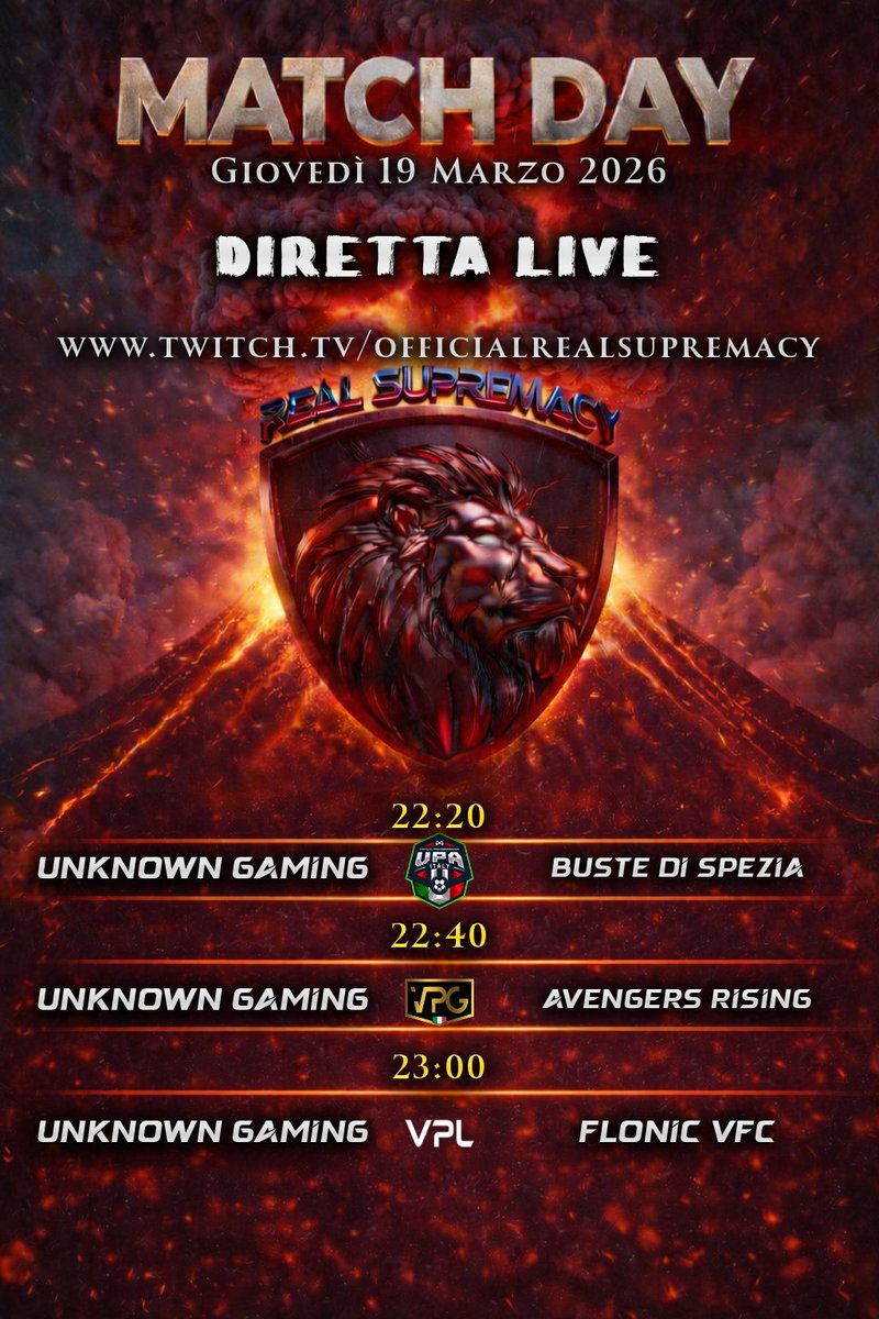 RealSupremacy26's tweet photo. 🏆 Giovedì 19 Marzo MATCHDAY | Real Supremacy
⚽ Unknown Gaming vs Buste di Spezia | 22:20 | VPA
⚽ Unknown Gaming vs AVENGERS RISING | 22:40 | VPG
⚽ Unknown Gaming vs Flonic VFC | 23:00 | VPL
#RealSupremacy #VPL #FC26 #ProClub
▶️ Diretta Live sul nostro canale Twitch https://t.co/9XxocZWmnz