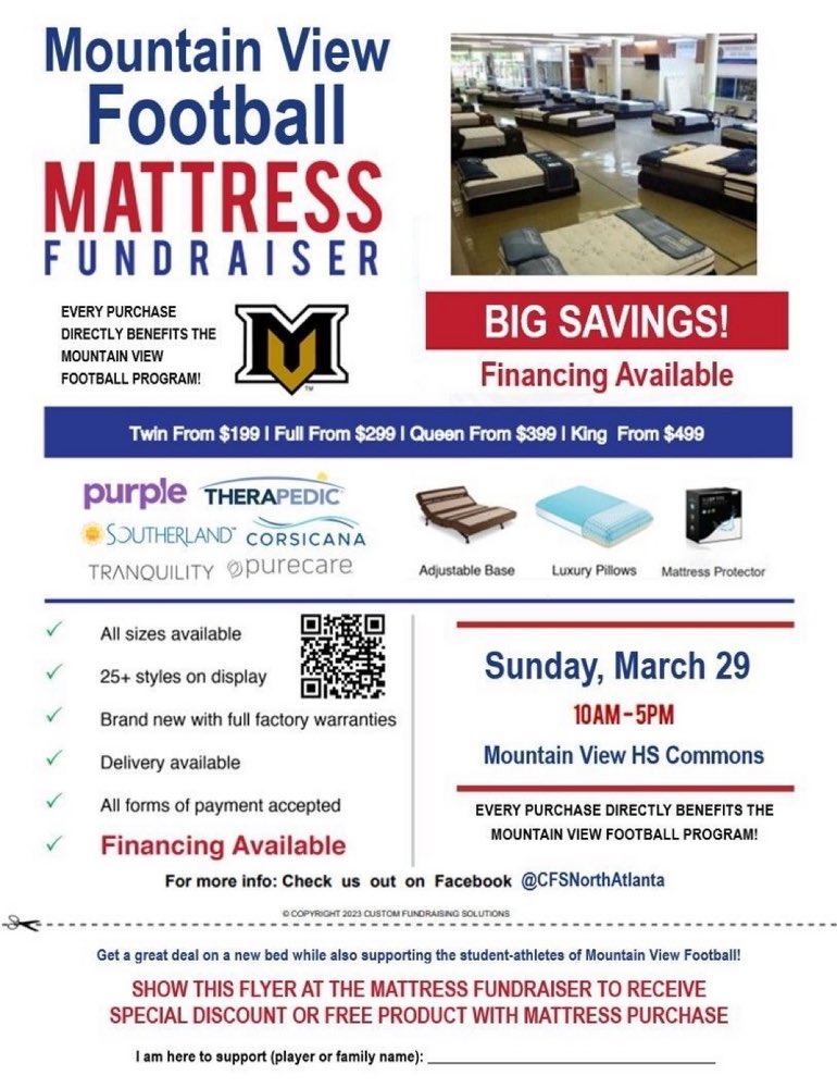 MatthewRiden's tweet photo. Mountain View Football Program is conducting a mattress fundraiser. Lots of great deals and sleep await. #newview26 https://t.co/K3zy8Uuv0u