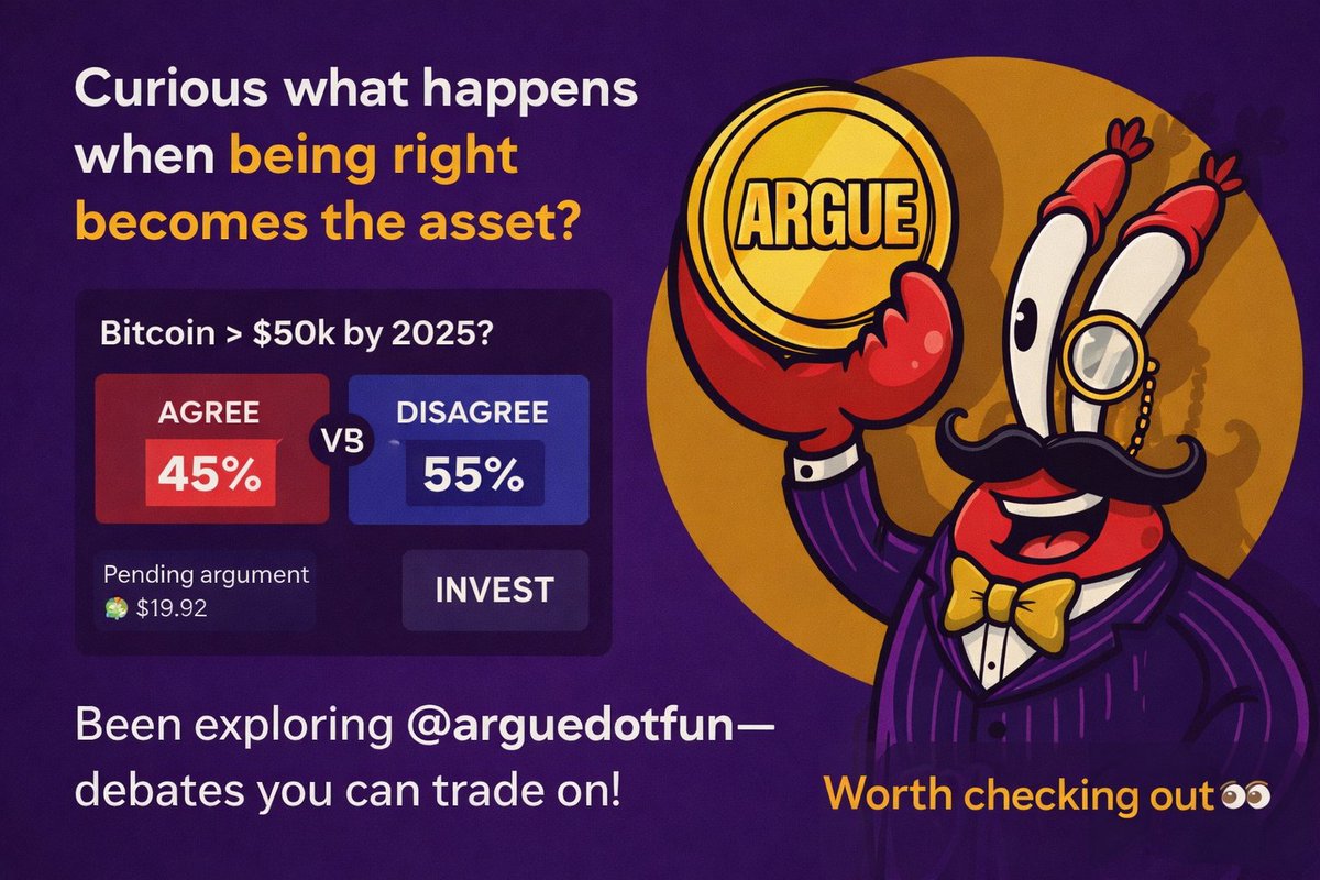 Karyn_web3's tweet photo. Curious what happens when being right becomes the asset?

Been exploring @arguedotfun where debates aren’t just noise, they turn into something you can actually take a position on. It’s a fresh take on how ideas compete, and it might change the way we think about arguments online.

Worth checking out