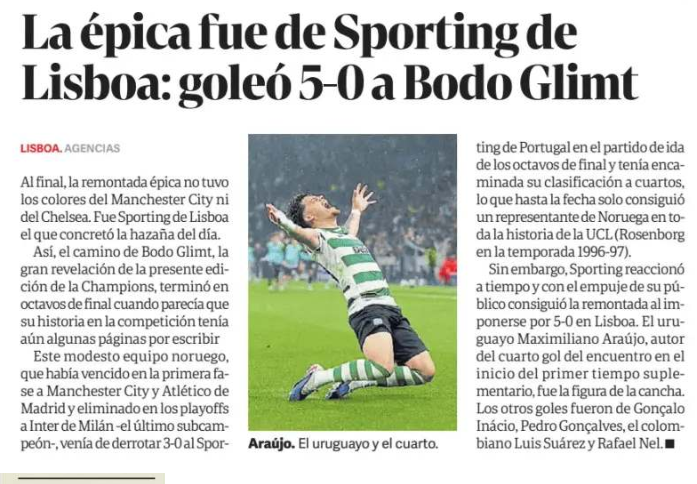 captomente's tweet photo. "La épica fue del Sporting: goleó 5-0 a Bodo Glimt" [jornal Clarín, Argentina] #SportingCP #SportingBodo https://t.co/NfawR0Lczf