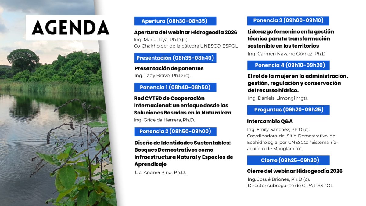 CipatEspol's tweet photo. [1/3]💧#Hidrogeodía2026
La Cátedra UNESCO en Geociencias Aplicadas al Desarrollo Sostenible y el CIPAT de la @espol invitan a la comunidad académica y profesional al webinar: “Agua y Género: Construyendo Lagos Eco-Sostenibles”. 🌿🤝
¡Sigue el hilo para conocer a las ponentes! 👇 https://t.co/IW0YxBkvni