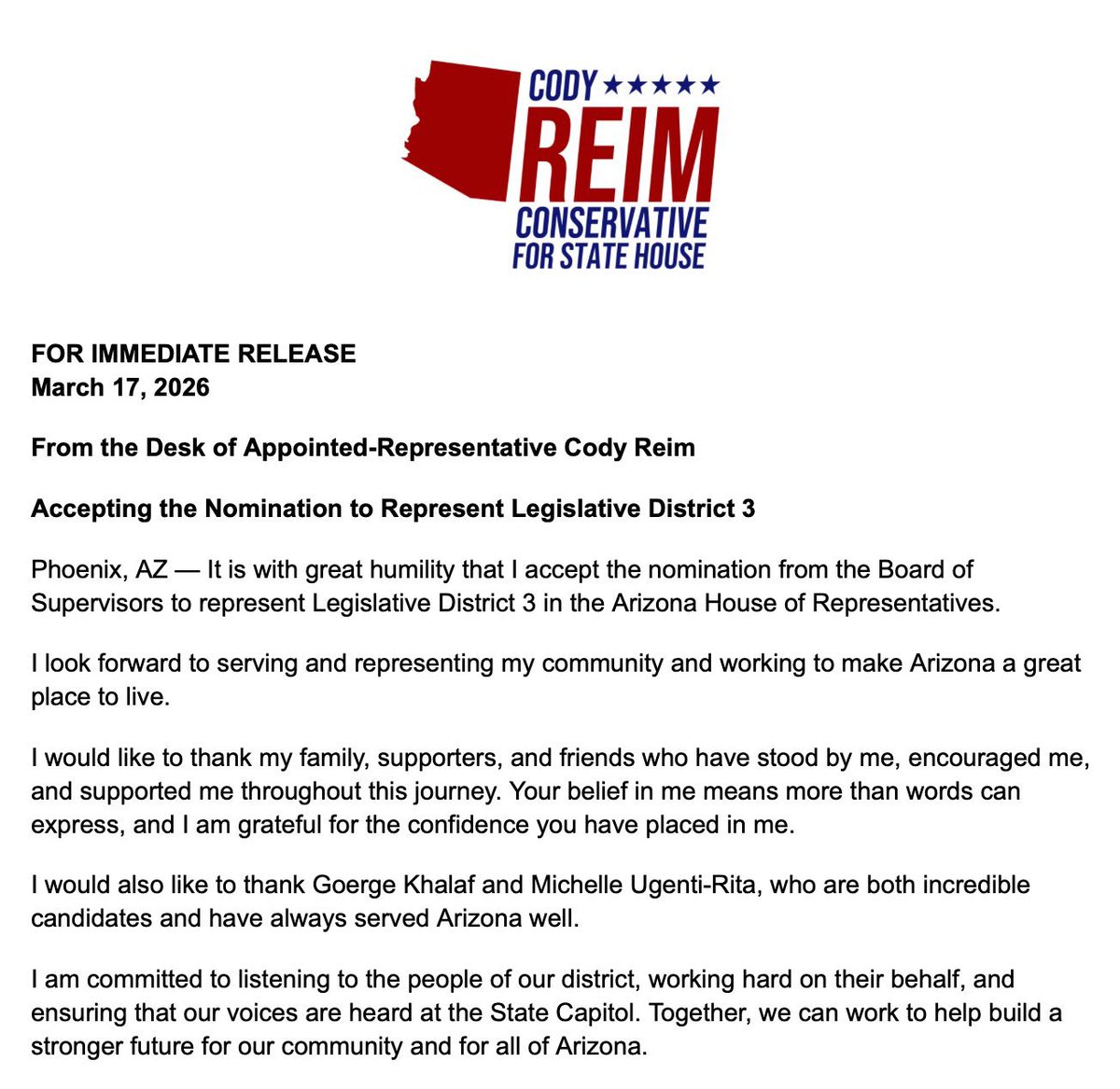Congratulations Rep. Cody Reim. I am so happy for you. I know you’ll do great. 👍 stay the course. My best to you and your great parent’s.
