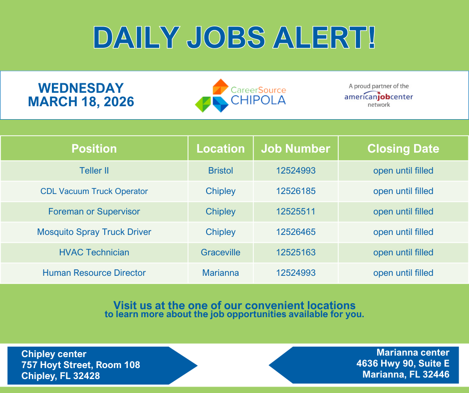 #BristolFL #LibertyCountyFL
#ChipleyFL #WashingtonCountyFL #GraceveilleFL #MariannaFL #JacksonCountyFL
#JobsNearMe #OpportunityKnocks #CSCWorks