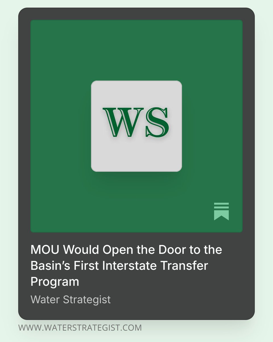 A notable development in the Lower Basin: this new MOU could open the door to the Colorado River’s first interstate water transfer program
#ColoradoRiver #WaterPolicy #WesternWater
waterstrategist.com/p/mou-would-op…
