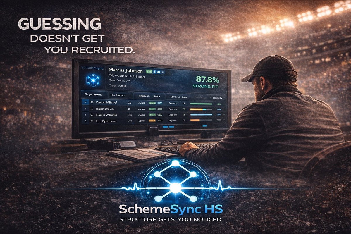 steve_burkett's tweet photo. Coaches don't guess. They evaluate. They grade. They compare. And they choose the players who fit their system — not just the ones with the best highlight reel. SchemeSync gives coaches the structure to evaluate criteria, calculate a weighted fit score, and generate AI-powered scout reports in seconds.
https://t.co/tCYO9OBksf

#FootballRecruiting #HighSchoolFootball #PlayerEvaluation
#ScoutingPlatform #FridayNightLights #SkillsCamp #FootballCoach #GetRecruited