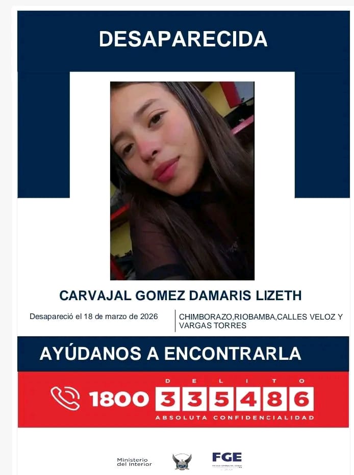 #ServicioSocial: Damaris Lizeth Carvajal Gomez esta #desaparecida en #Riobamba desde 18 de marzo de 2026.
Ayúdanos a compartir para localizarla.