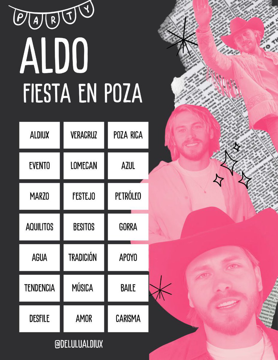📣| INICIA LA TENDENCIA‼️

Una nueva tendencia para el güero y estamos aquí para apoyarlo.✌🏻

💬| Utiliza una palabra+ la frase oficial hasta completar la tablita✨

ALDO FIESTA EN POZA 

Tus likes y rt también son importantes🫶🏻

#aldotdnworld