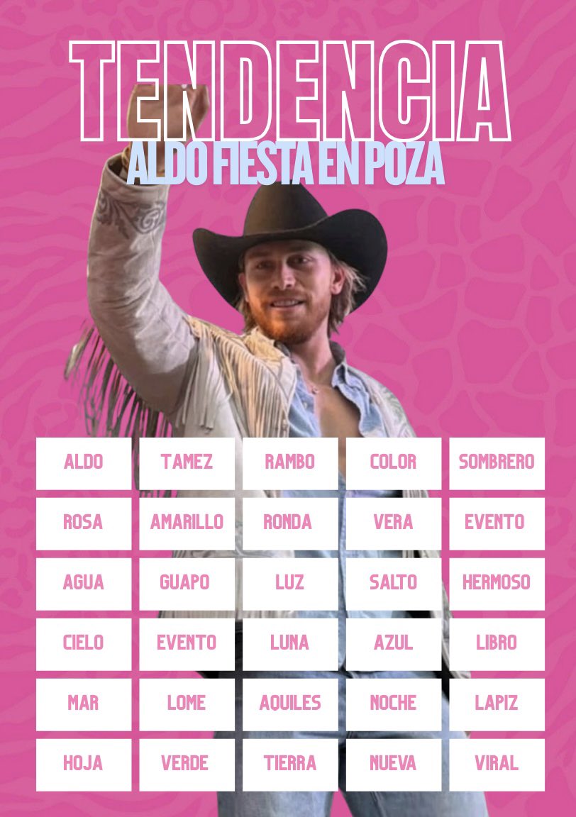 Alerta Tendencia 🚨

Arrancamos con la tendencia para nuestro <a href="/aldotdenigris/">Aldo T De Nigris</a> 🩷

🔑Frase Oficial 

ALDO FIESTA EN POZA

💬 Comenta la frase + la palabra de la tabla. 

👉🏻 Dar like, RT, no usar HT, emojis.