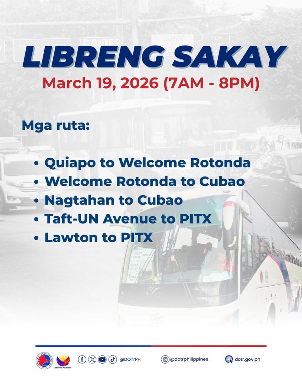 NET25TV's tweet image. LIBRENG SAKAY

TINGNAN: Nag-aalok ng libreng sakay ang pamahalaan sa ilang pangunahing ruta sa Metro Manila ngayong Huwebes, Marso 19, mula 7 a.m. hanggang 8 p.m.

📷: DOTr

#NET25NewsandInformation #LibrengSakay #MetroManila #DOTr #Cubao #PITX #Manila #Quiapo #WelcomeRotonda