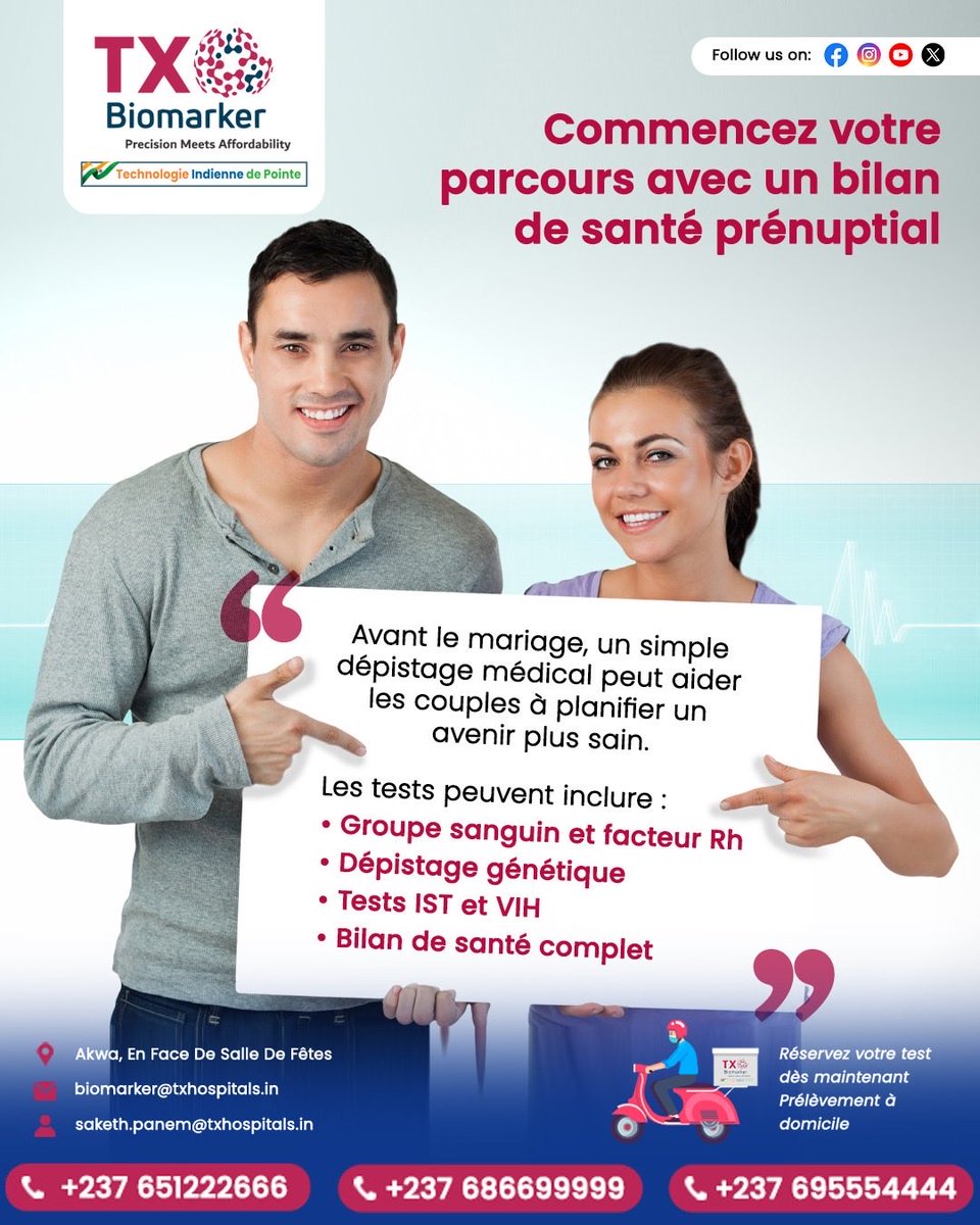 TxBiomarker's tweet photo. 💍 Bilan prénuptial : une étape clé pour un avenir sain à deux.

✔ Groupe sanguin &amp; Rh
✔ Dépistage génétique
✔ IST &amp; VIH

📍 Akwa
📧 biomarker@txhospitals.in | saketh.panem@txhospitals.in
📞 +237 6512226666 | +237 6866999999 | +237 6955544444

#Santé #Mariage #Prévention https://t.co/MJYrNm1GOj