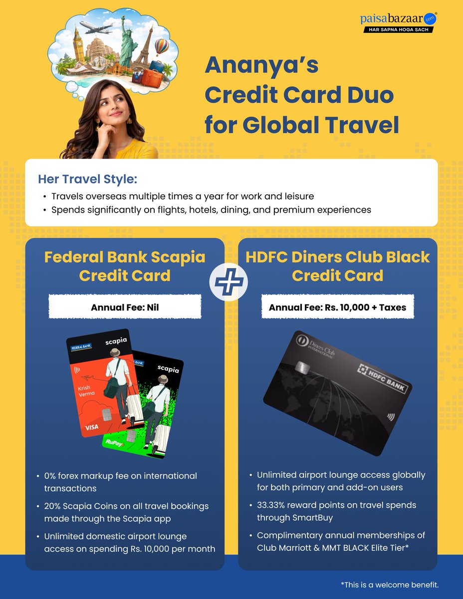 PaisaBazaar_in's tweet image. Ananya’s perfect credit card duo for global travel ✈️🌍
Zero forex fees with Federal Bank Scapia + premium lounge access &amp;amp; top travel rewards with HDFC Diners Club Black. Travel smart, spend smarter.
#CreditCards #GlobalTravel #TravelSmart