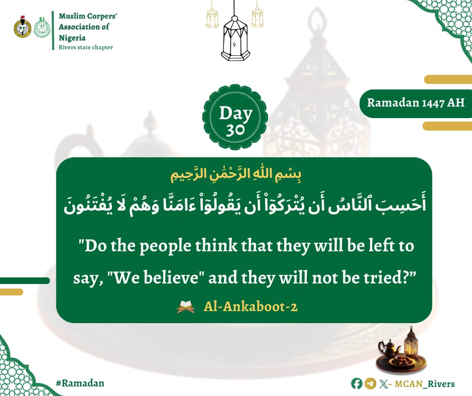 Mcan_rivers's tweet photo. Ramadan Day 30 Reflection 🌙

“Do the people think that they will be left to say, ‘We believe’ and they will not be tried?”
(Qur’an 29:2)

As Ramadan comes to an end, this verse grounds us in a powerful reality:
Faith is not just declared - it is tested.

Throughout this month, we fasted, prayed, gave charity, and drew closer to Allah. But the real question is:
What happens after Ramadan?

Because the true test of “We believe” begins when:
• Ramadan is over
• The routine of worship becomes less structured
• Temptations return
• Consistency becomes harder

This is where sincerity is proven.

Trials are not a sign of Allah’s absence - they are often a sign of His concern for your growth. They refine your faith, strengthen your patience, and elevate your rank.

So as we bid farewell to Ramadan:
• Hold firmly to your prayers
• Protect your heart from slipping back
• Stay connected to the Qur’an
• Continue the good you started, even if small

Because the goal of Ramadan was never just 30 days of worship…
It was to prepare you for a lifetime of steadfastness.

May Allah accept all our deeds, forgive our shortcomings, and make us among those who remain firm even after Ramadan.

Eid is near - but the journey of faith continues.

#RamadanReflection #Day30 #EndOfRamadan #MCANRivers