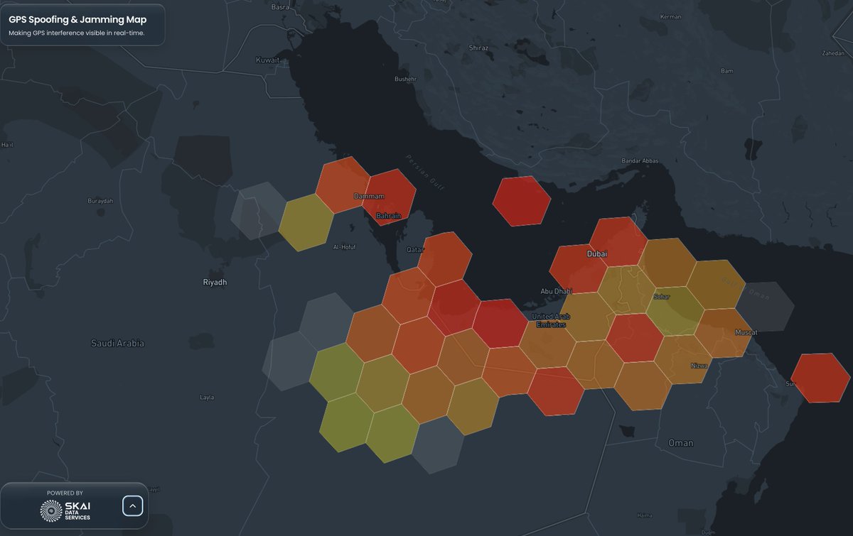 SPARC__AI's tweet photo. The UAE and Persian Gulf are among the most GPS-jammed airspace on the planet.

Every red hex on this map is a drone, aircraft, or autonomous system flying blind.

GPS-denied navigation isn't a future problem. It's happening right now.

This is why we built Overwatch. 🧵

#GPS #Autonomy #Defense #Drones $SPAI $SPAIF