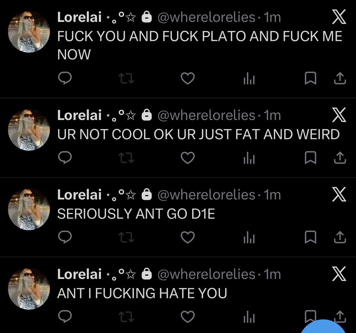 antxqv's tweet photo. Anyone know who this is? She keeps posting about me and I’m worried for her mental wellbeing. Think she might be having a breakdown. https://t.co/fEAk2ZxMeS