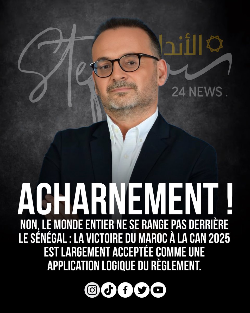 EAndaloucia's tweet photo. 👁️‍🗨️ Contrairement au narratif d’une « injustice historique » que certains médias cherchent à imposer, la décision de la #CAF du 17 mars 2026 – appliquant strictement les articles 82 et 84 du règlement après la sortie collective des joueurs sénégalais du terrain lors de la finale du 18 janvier – est perçue comme une application normale et logique du cadre juridique par la très grande majorité des instances et médias internationaux. 

#BBC_Sport, #Reuters, #Goal_com, #Al_Jazeera Sport, Supersport Afrique et même des voix neutres en Afrique anglophone (Afrique du Sud, Nigeria, Égypte) ont relayé le verdict sans contestation de fond, le #Sénégal a commis une infraction disciplinaire claire, le jury d’appel a tranché en deux mois comme le prévoit la procédure, et le #Maroc, finaliste sur le terrain, hérite légitimement du titre sur tapis vert (3-0). 

Le reste du monde du football – Europe (#Angleterre, #Espagne, #Allemagne, #Italie), Asie et Amérique – passe simplement à autre chose : pour eux, le Maroc est champion d’Afrique 2025, point final, sans drame planétaire.

Cet acharnement virulent reste presque exclusivement franco-français. Seuls L’#Équipe, #RMC_Sport et une poignée de titres hexagonaux mènent une campagne systématique et émotionnelle contre le #Maroc, rappelant des tensions récurrentes Paris-Rabat et les liens historiques forts entre la France et le Sénégal. 

Ailleurs, la couverture est mesurée, factuelle et pragmatique, le règlement prime sur le résultat du terrain. Pendant que le football africain et international tourne la page, une partie de la presse française refuse d’admettre que le #Sénégal a perdu la finale sur le terrain de la discipline avant même celui du jeu. La réalité est limpide, le monde ne se mobilise pas derrière le Sénégal. Il accepte le verdict de la #CAF.