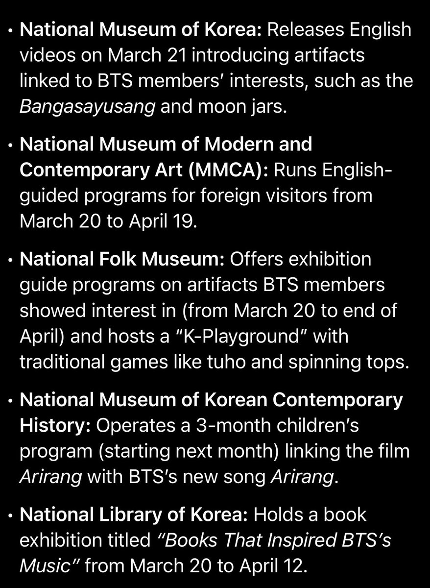 orul8ce's tweet photo. The Ministry of Culture, Sports and Tourism announced today (19th) that it will operate ‘K-Culture Special Programs’ at five national cultural institutions in line with BTS’s comeback concert.This program aims to introduce the charm of K-culture to visitors coming to Korea for BTS’s return performance.

https://t.co/4iKi7M6efy