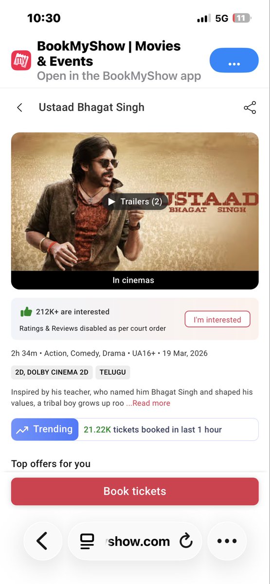 SupremePSPK's tweet image. #UstaadBhagatSingh - 21.22K+ Hourly Peak on BMS.

Next target: crossing the #OG peak of 28K and heading towards 30K.

#BlockBusterUBS