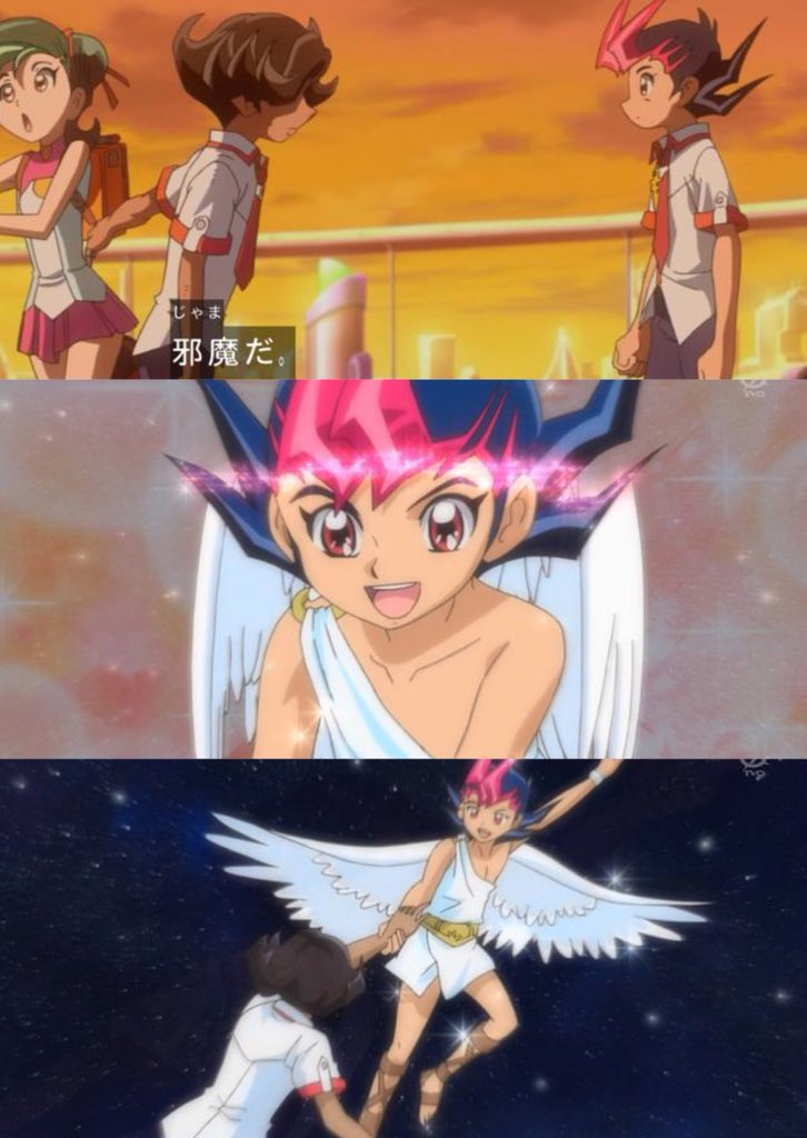 遊戯王ゼアル。
ヒロインに一目惚れして「天使...」と口説いてた男が、
30分足らずで男主人公に「こっちが本物の天使！！！」になるホビアニ