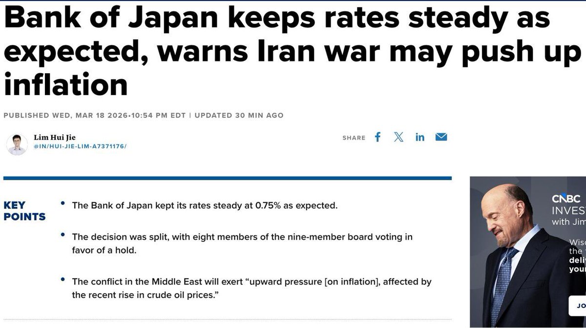 GlobalcryptosT's tweet photo. The world is gradually realizing a hard truth: even countries far removed from conflict cannot escape its consequences.

Japan has just kept its interest rate unchanged at 0.75%, in line with market expectations, while warning that tensions involving Iran could push inflation higher, mainly due to rising oil prices. In its statement, the Bank of Japan noted that the decision was not unanimous, with 8 out of 9 members supporting the move.

One member broke ranks and called for a rate hike, signaling that internal debates are beginning to shift. Meanwhile, political pressure is mounting to keep rates low in order to support growth, especially as the government is trying to control fuel costs.

The issue lies in the fact that Japan imports around 95% of its energy from the Middle East. As tensions escalate and oil prices rise, Japan has to pay more for energy. These costs then ripple across the entire economy, from transportation to food and essential goods. Even when domestic conditions appear stable, external shocks can quickly reshape the inflation outlook.

What makes the situation more notable is the timing. Inflation in Japan has only recently started to cool, falling below the central bank’s 2% target after years of exceeding it. At the same time, wages have finally begun to rise again after decades of stagnation. This is the balance Japan has long tried to achieve: moderate inflation alongside wage growth.

But now, the risk is that inflation will not rise for healthy reasons. Instead of being driven by strong demand and higher incomes, it could be pushed up by rising imported energy costs. This kind of inflation is harder to control and places greater pressure on consumers.

#Japan #Inflation #OilPrices #Geopolitics #MiddleEast #InterestRates #GlobalEconomy #EnergyCrisis #CentralBank #EconomicOutlook
