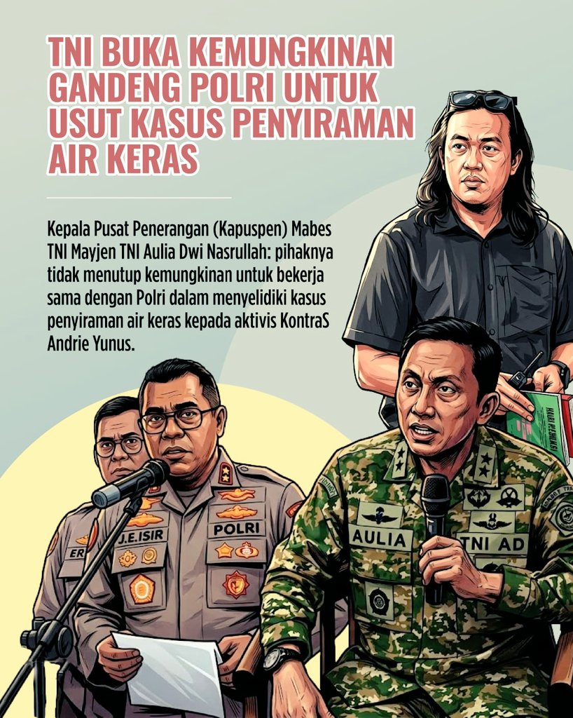 aciladewi955's tweet image. Kolaborasi antar institusi jadi harapan dalam penuntasan kasus.
TNI membuka peluang sinergi dengan Polri demi mengungkap fakta yang sebenarnya. Mari tetap bijak menyikapi dan menunggu hasil resmi 🙌
#IndonesiaKita #BeritaNasional #UpdateTerkini #TetapBijak