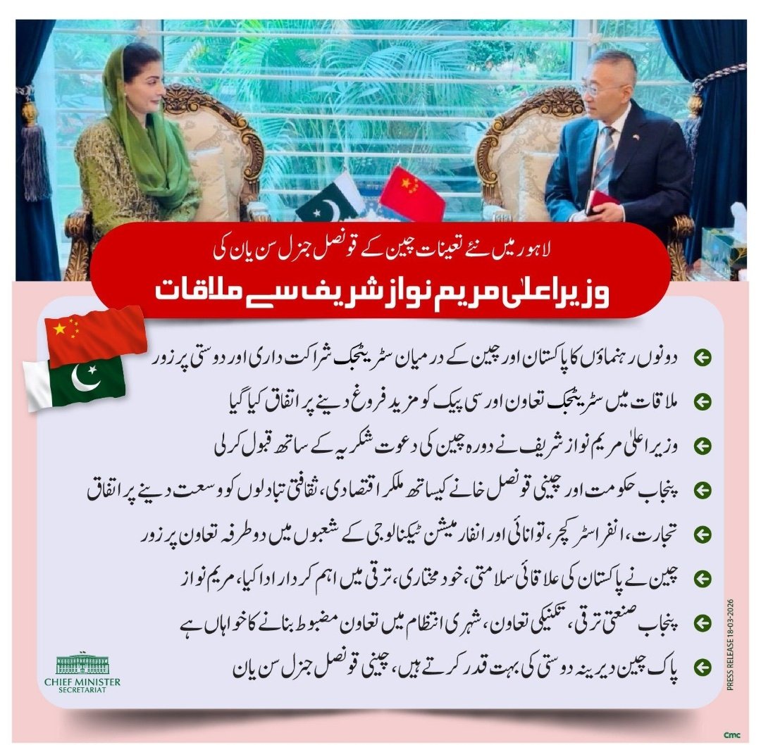 misbaha47819641's tweet photo. وزیراعلیٰ مریم نواز اور چینی قونصل جنرل سن یان کی ملاقات میں پاک–چین سٹریٹجک شراکت داری، سی پیک اور مختلف شعبوں میں تعاون بڑھانے پر اتفاق
#پاک_چین_تعاون @ASNsharif @aftabniazi007
@SalmanMalik444 @Huseeb59 @Tahirmughalpml8
@ShayanAh09456 @AsadChishti18 @M_Khalil027 https://t.co/UUZrYcsAWl