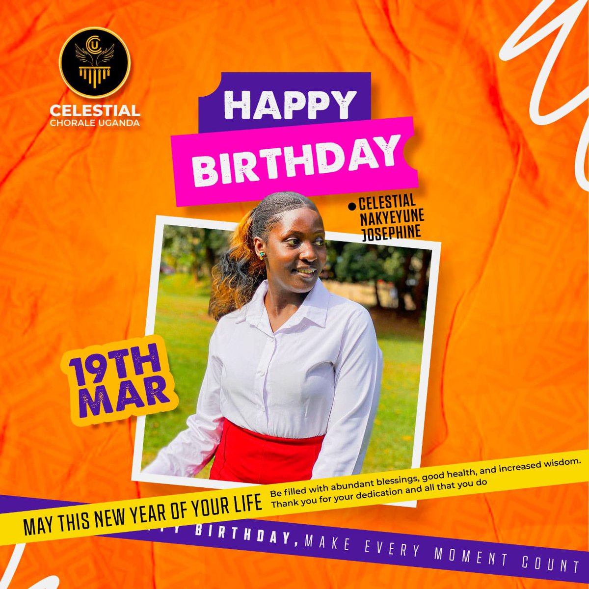 Happy Birthday &amp; blessed feast day, Celestial Josephine Nakyeyune! 🎉🙏 Thank you for your dedication to Celestial Chorale Uganda and your love for God. We’re proud of you - keep shining and inspiring us all. 🥂 to more years of good health, wisdom and abundant blessings always!
