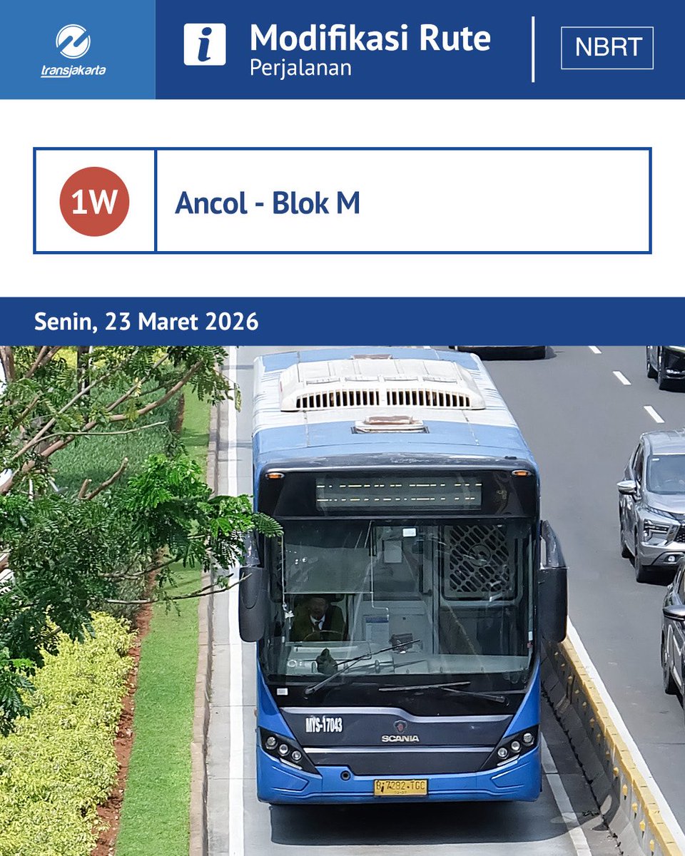 PT_Transjakarta's tweet photo. Sahabat TiJe, mulai Senin, 23 Maret 2026 akan dilakukan modifikasi pada layanan Transjakarta rute 1W: Blok M - Ancol.

Layanan Transjakarta rute 1W dimodifikasi melayani halte-halte yang terdapat pada gambar di atas untuk mempersingkat waktu tempuh karena adanya pembangunan flyover Latumeten.

Lihat titik pemberhentian terkini pada gambar di atas dan jangan lupa unduh aplikasi TJ:Transjakarta untuk memudahkan perjalananmu bersama layanan Transjakarta.

Ayo naik Transjakarta!
