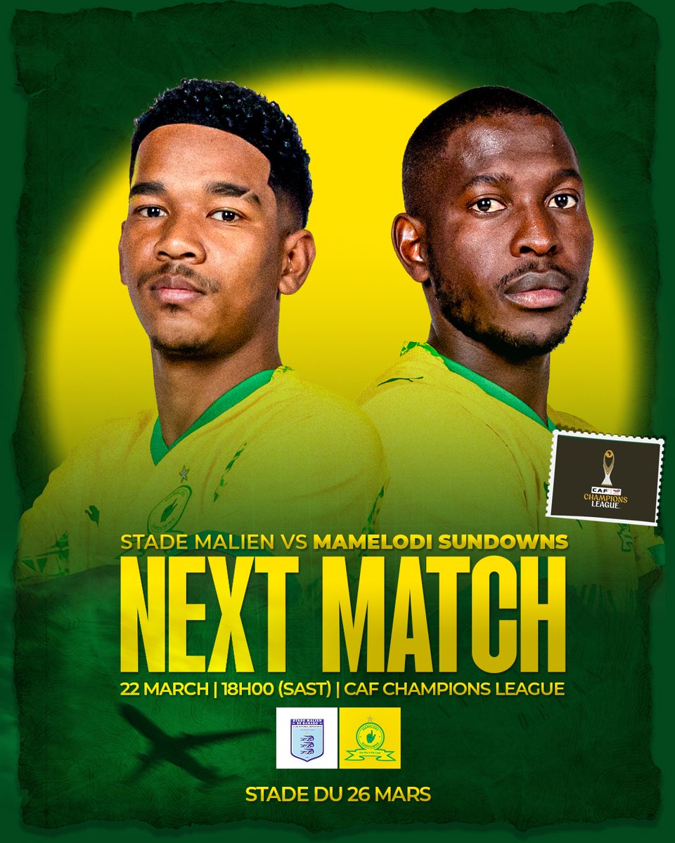 Eyes on Mali as we gear up for our #TotalEnergiesCAFCL away match. 

⚽ Stade Malien vs Mamelodi Sundowns
🏆 CAF Champions League 
📆 22 March
⏰ 18H00 SAST
🏟 Stade 26 du Mars
📺 SS 205 &amp; SABC

#Sundowns #AreyengMasandawana