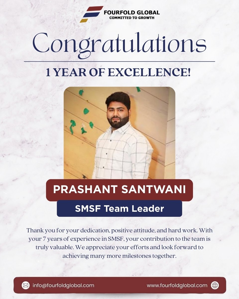 FourfoldGlobal's tweet photo. 🎉 Celebrating 1 Year of Excellence 🎉

Congrats to Prashant Santwani, #SMSF Team Leader, on completing 1 year with Fourfold Global.

Your dedication, leadership &amp; 7 years of expertise in SMSF continue to drive our success. Here’s to many more milestones ahead. https://t.co/CYQ1ajI6Z3