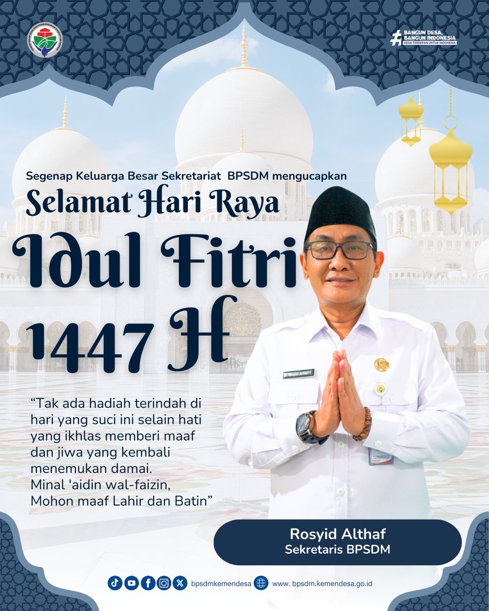 shu_pandi's tweet photo. Segenap Pimpinan BPSDM Kemendesa PDT Mengucapkan Selamat Hari Raya Idul Fitri, Mohon Maaf Lahir &amp; Batin. 
@YandriSusanto 
@KemensesnegRI 
@bpsdmkemendesa
#KementerianDesaPDT
#BPSDMKementerianDesaPDT
#BerkahSuciRamadhan
#IntegritasTPPKemendesaPDT
#TPPKerjaBerdampak https://t.co/FZjL1YzBvY