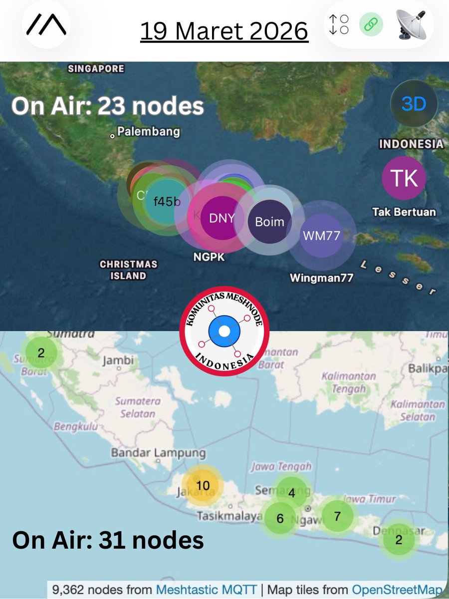 aryadega's tweet photo. Perkembangan jumlah pengguna meshtastic di Indonesia per tanggal 19 Maret 2026.
https://t.co/0B6yi0VD0p: 31 nodes
Peta aplikasi meshtastic: 23 nodes
Ngga nyangka sepesat ini perkembangan komunikasi teks bebas internet dan repeater.
Terima kasih kawan2 @meshnodeid https://t.co/TfzBhiKPAb