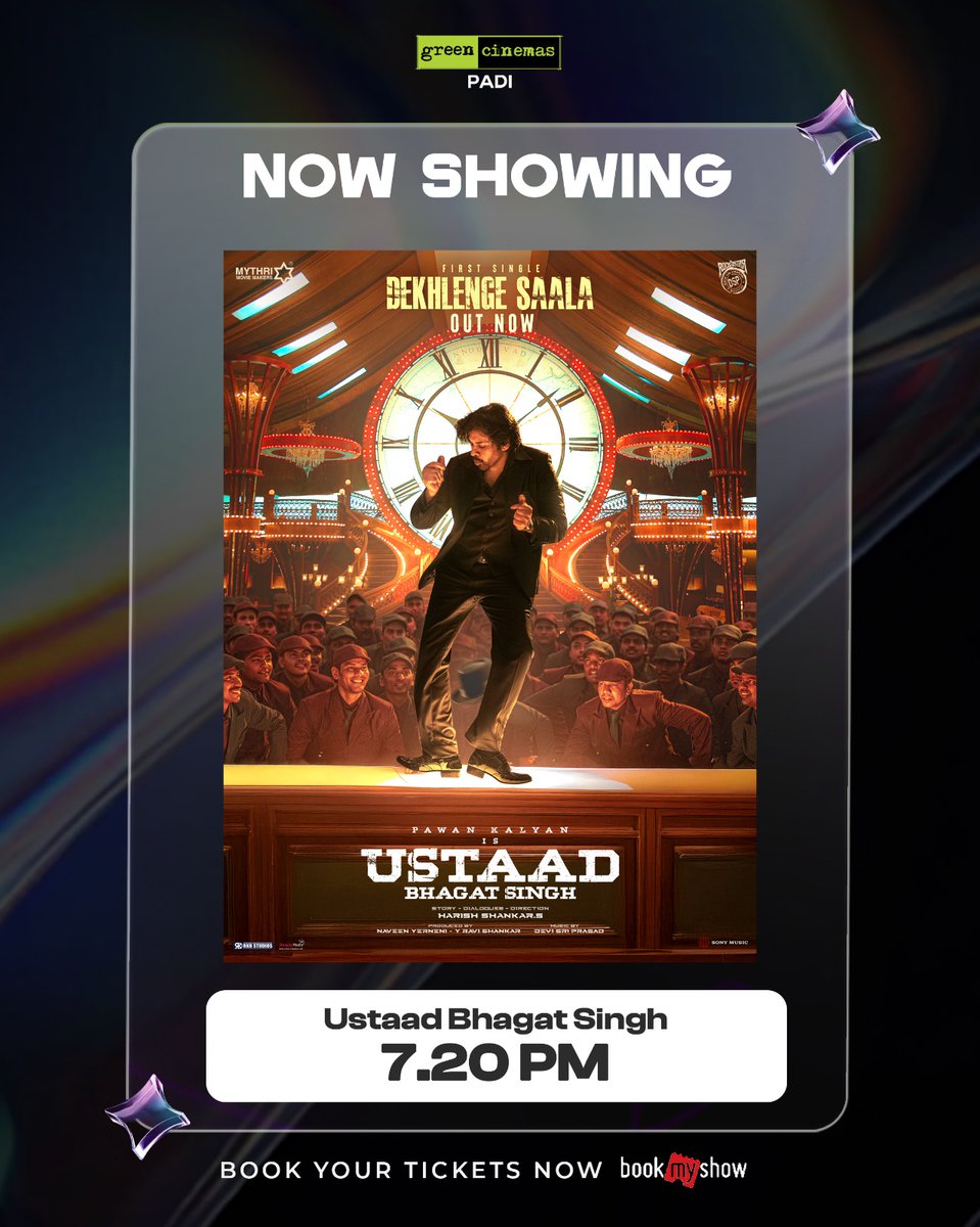 greencinemas_'s tweet photo. 🔥 Ustaad Bhagat Singh

Steps loud.
Style on peak.
Power packed mass loading… 💥🔥

Whistles guaranteed. Screens shaking.

Now blazing at Green Cinemas, Padi

🎟️ Book Now: https://t.co/VvZj5evMgK

#UstaadBhagatSingh #MassMode #PowerPacked #GreenCinemas https://t.co/4IpUGdN1ZV