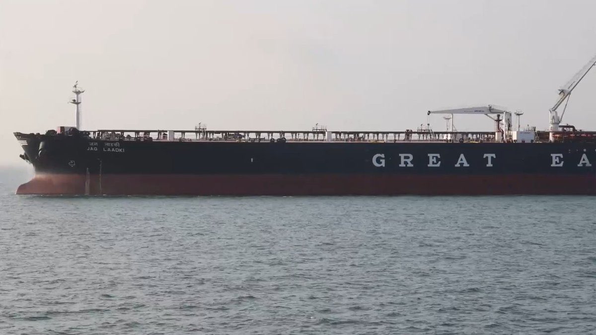 Whispersofglobe's tweet photo. Amid escalating Iran-Israel tensions and risks in the Strait of Hormuz, Indian-flagged crude tanker Jag Laadki successfully delivered ~80,886 MT of Murban crude from UAE's Fujairah terminal. Navigating the high-risk zone under Indian Navy escort (Operation Sankalp), she safely reached Mundra Port, Gujarat on March 18, 2026. A crucial win for India's energy security in volatile times. 🇮🇳🛢️🚢

#JagLaadki #StraitOfHormuz #IndiaEnergy #CrudeOil